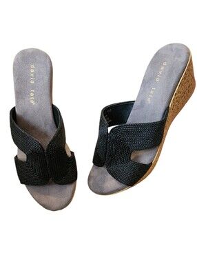 David Tate Vibe Black Woven Wedge Slide Sandals Size 7 Wide Leather Lining Boho